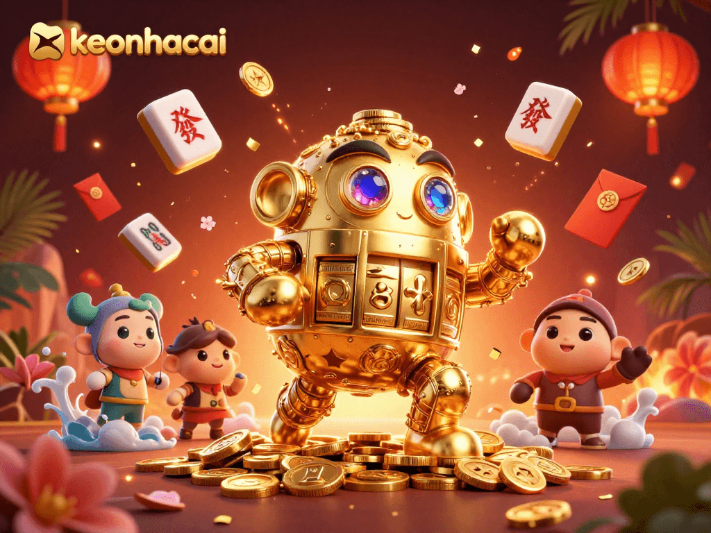 Engage with keonhacai's vibrant 3D casino adventure featuring a golden golem and festive elements.