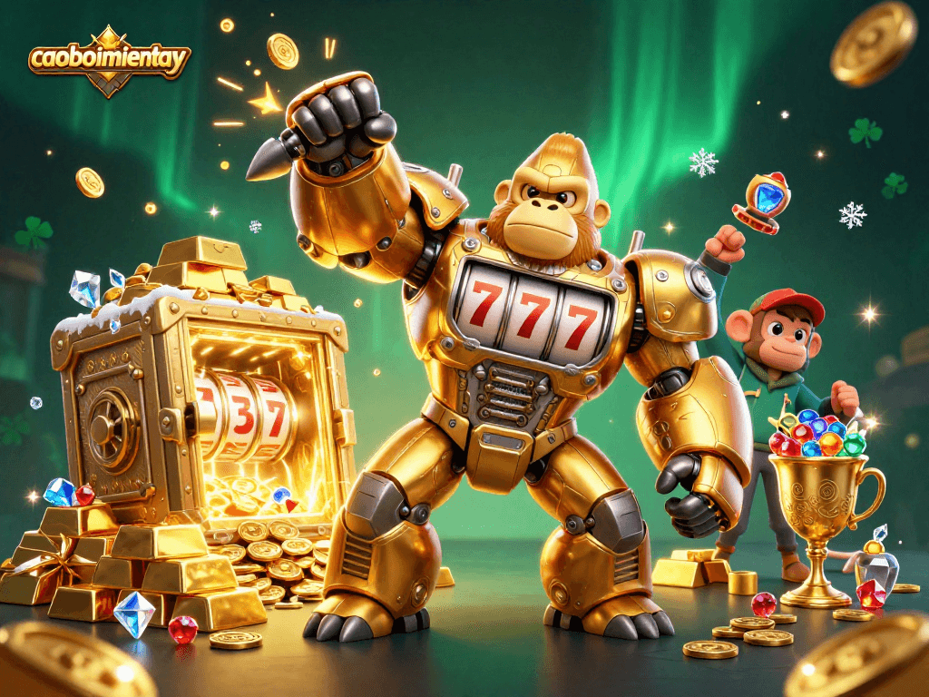 Spin to win in caoboimientay with a golden gorilla mech and treasures cascading.