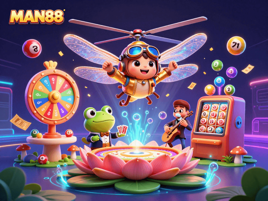 Engage with MAN88's vibrant casino experience featuring a dragonfly pilot and a frog dealer.
