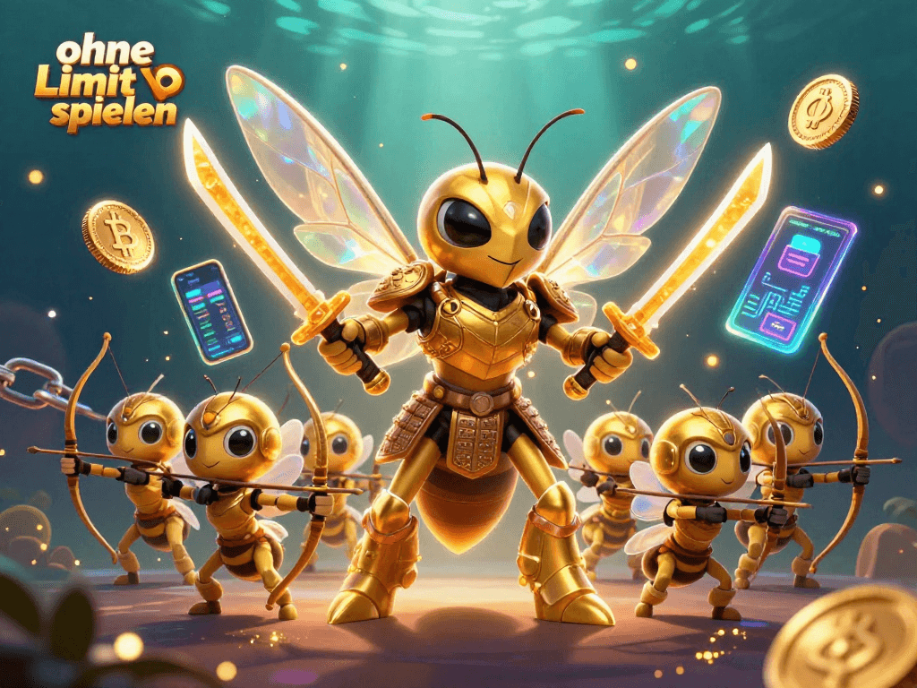 Engage in ohne Limit spielen with vibrant 3D casino character action amidst digital currency visuals.
