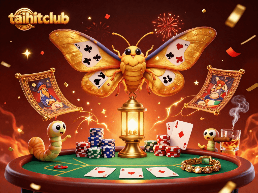 Contemplate the thrill of taihitclub poker with colorful chips and an atlas moth illustration.