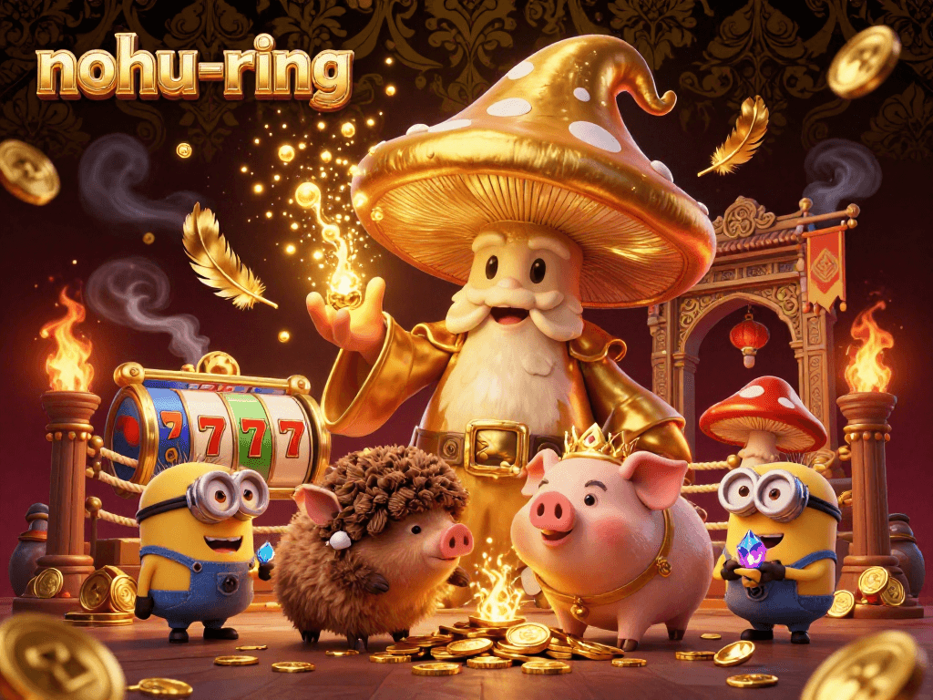 Experience the vibrant nohu-ring adventure with golden characters and rich casino elements in a dynamic 3D scene.