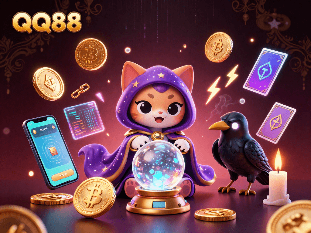 Engage with QQ88's vibrant gaming scene featuring fortune teller mystic cat and crypto elements.