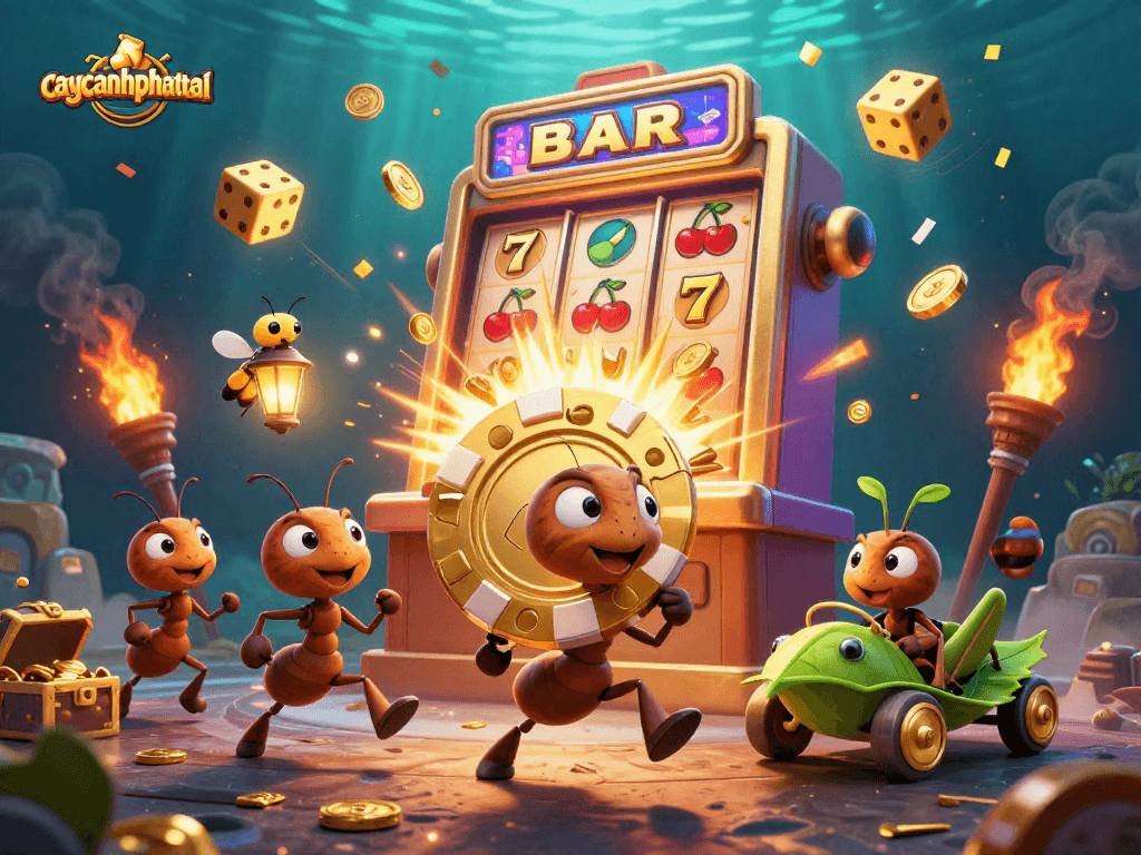 Experience the exciting heist in caycanhphattai as ants sprint with a giant poker chip surrounded by vibrant casino elements.