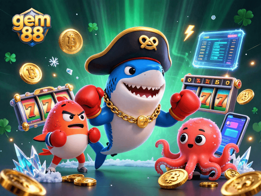 Engage with gem 88 by winning jackpots amidst a pirate theme adventure in this vibrant casino illustration.