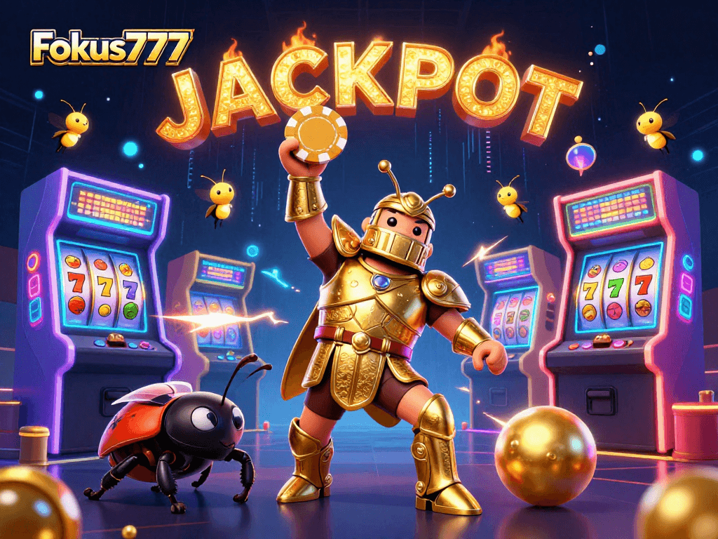 Experience thrilling wins with Fokus777, capturing a vibrant jackpot scene filled with casino games.
