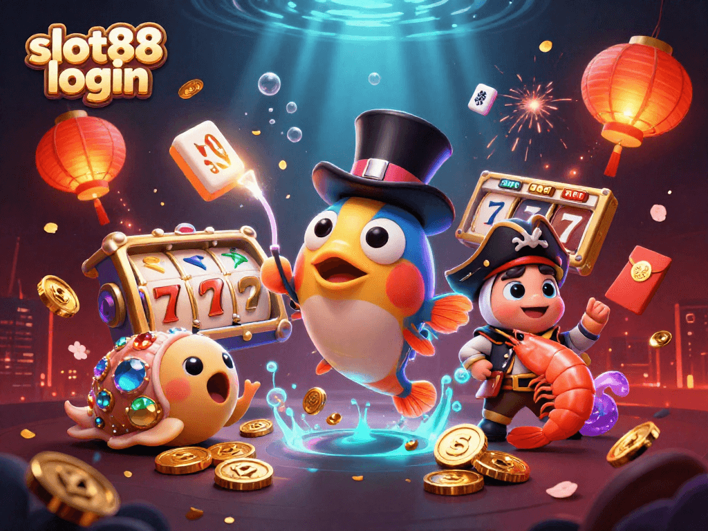 Experience the excitement of slot88 login with glowing treasures and 3D casino characters in action.