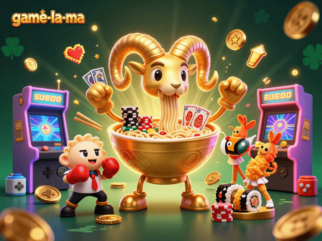 Engage with game-la-ma's vibrant 3D casino scene featuring a dynamic giant ramen bowl dealer and friends.