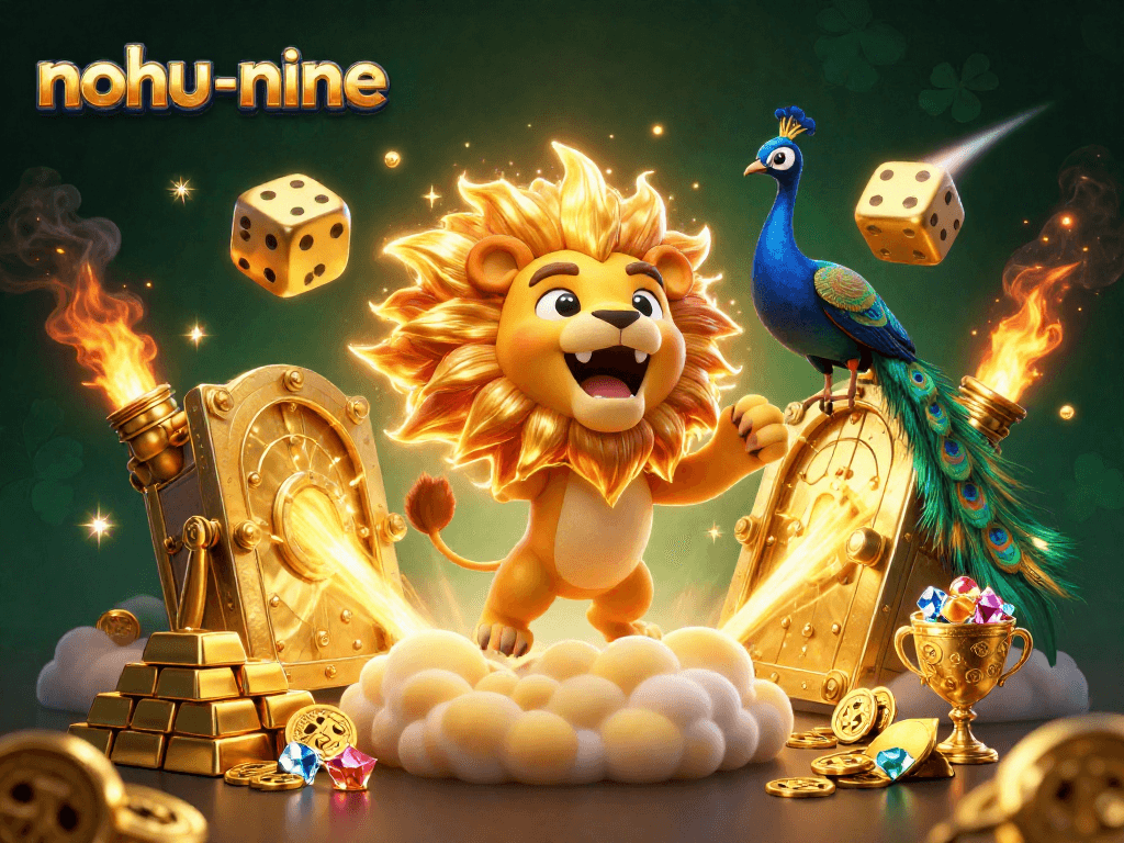 Engage in thrilling gameplay with nohu-nine, featuring vibrant 3D illustrations of golden treasures and a roaring lion.