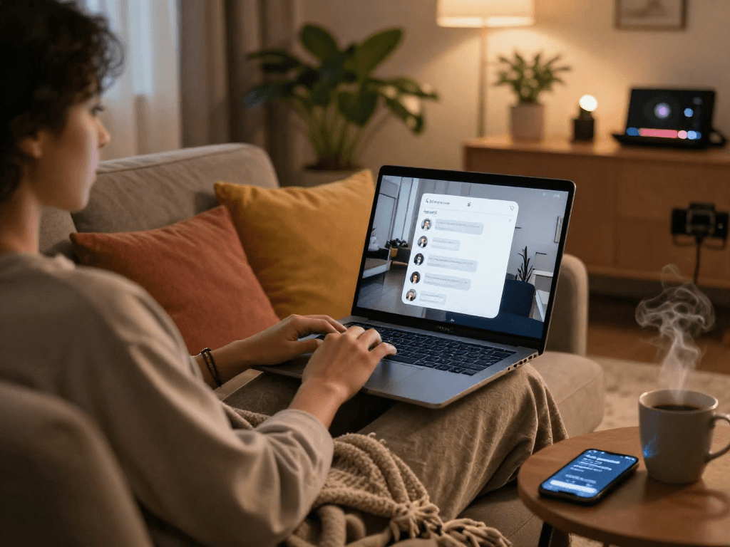 A cozy living room scene featuring a person engaging in a porn ai chat on a laptop, surrounded by warm decor elements.