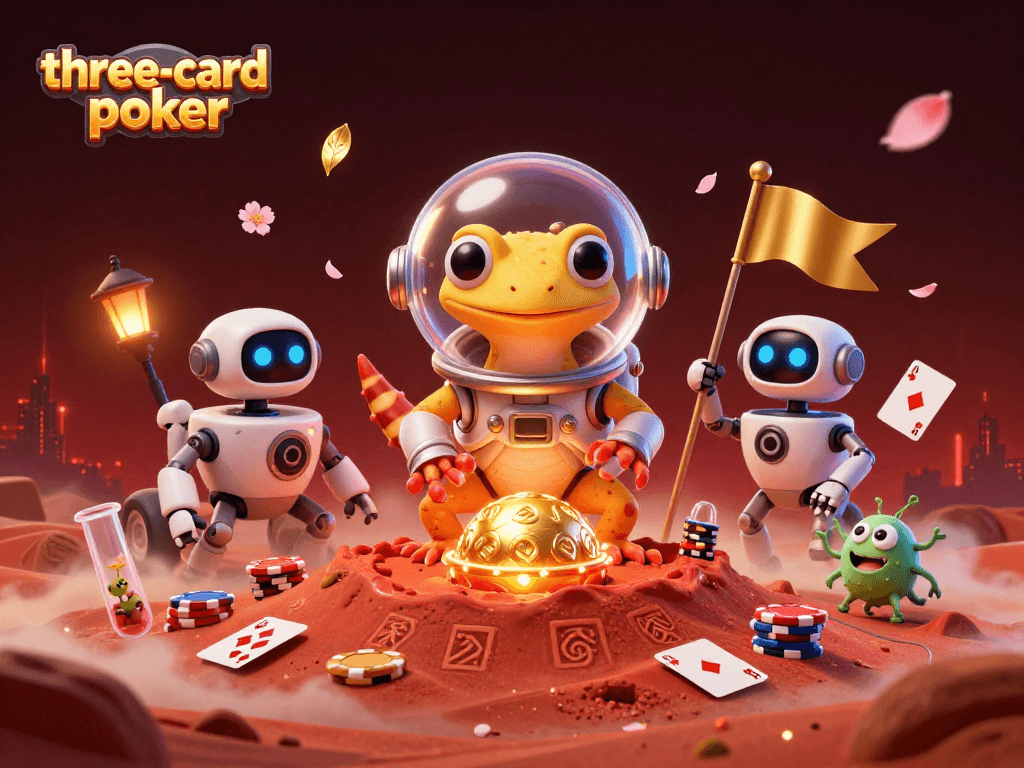 Experience thrilling three-card-poker action with a 3D Martian gecko in a golden casino