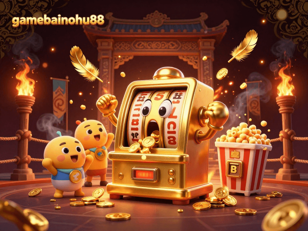 Win big with gamebainohu88 as the animated golden slot machine celebrates its jackpot amid a vibrant casino scene.