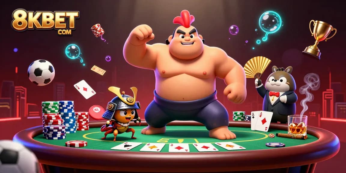 Engage with 8KBET COM sports betting in this thrilling 3D illustration filled with casino excitement.