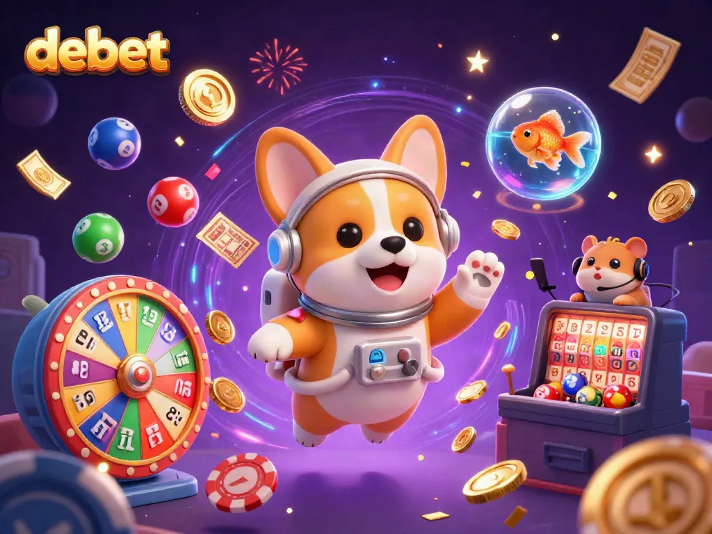 Engage in thrilling games at Debet casino with vibrant floating elements and fun arcade atmosphere.