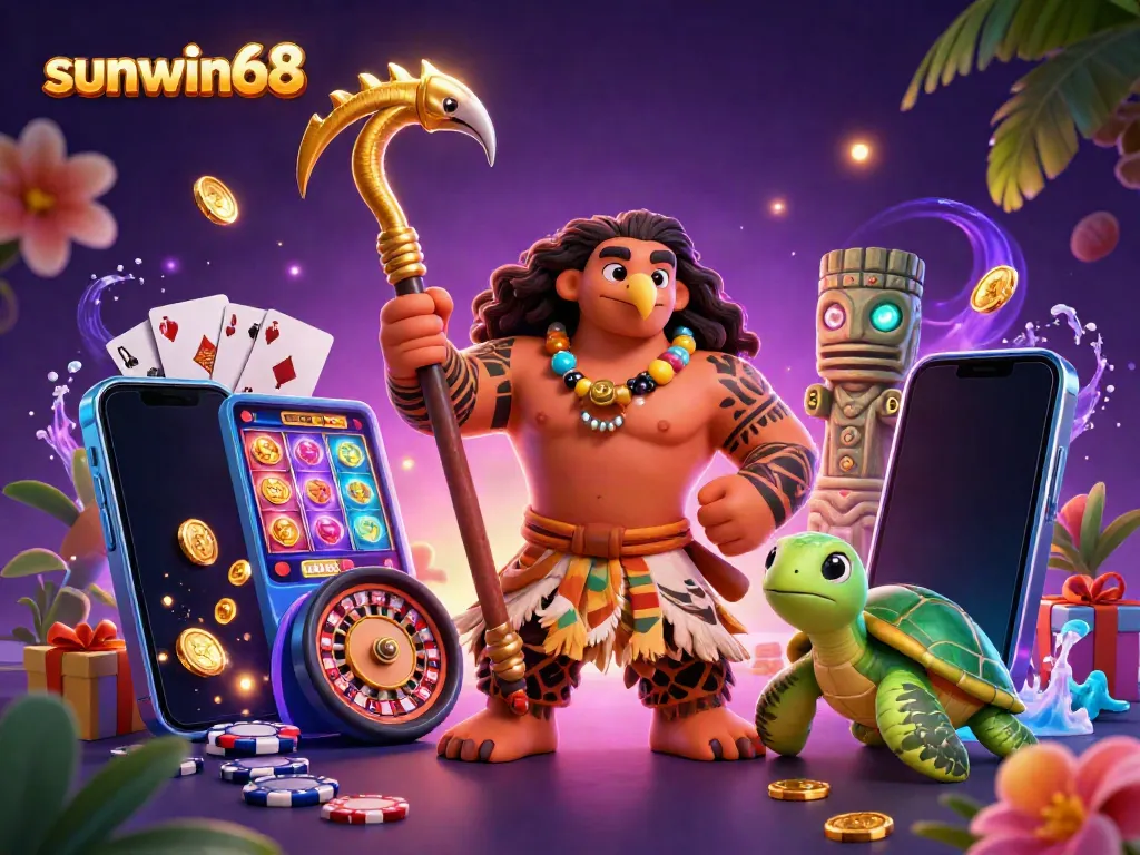Experience excitement on sunwin68 with a Maui-style demigod and vibrant casino elements elevating your gaming