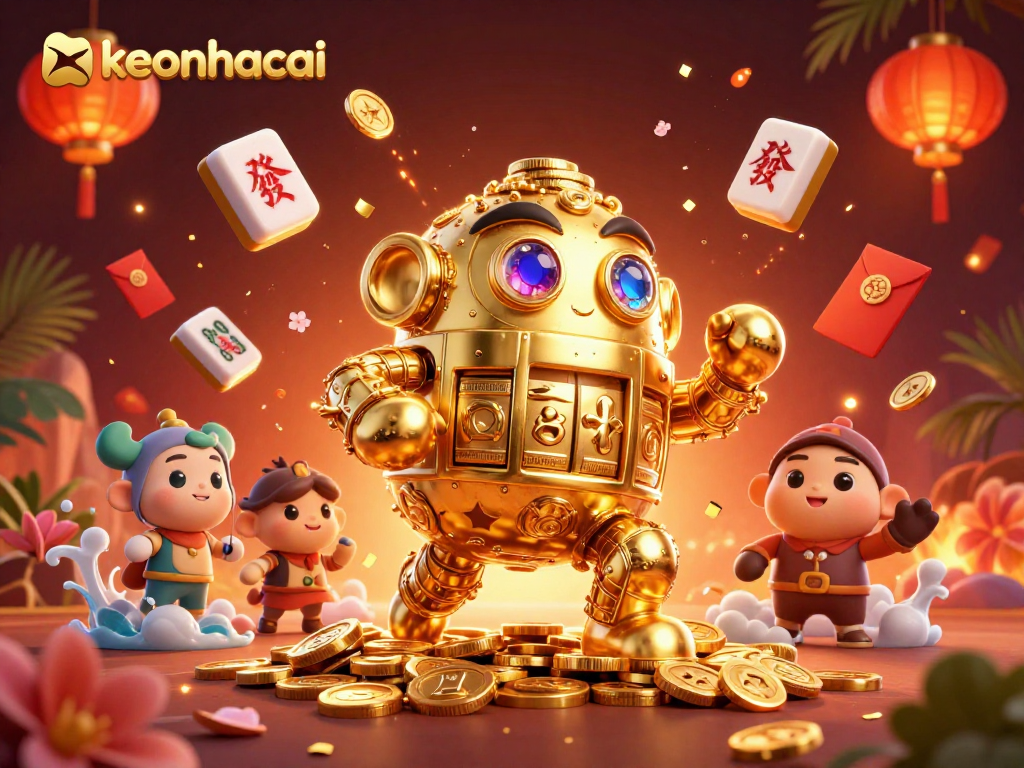 Engage with keonhacai's vibrant 3D casino adventure featuring a golden golem and festive elements.