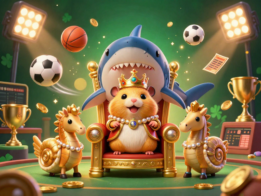Engage with the thrilling world of BL555, showcasing a golden hamster king and vibrant sports elements in this dynamic casino illustration.