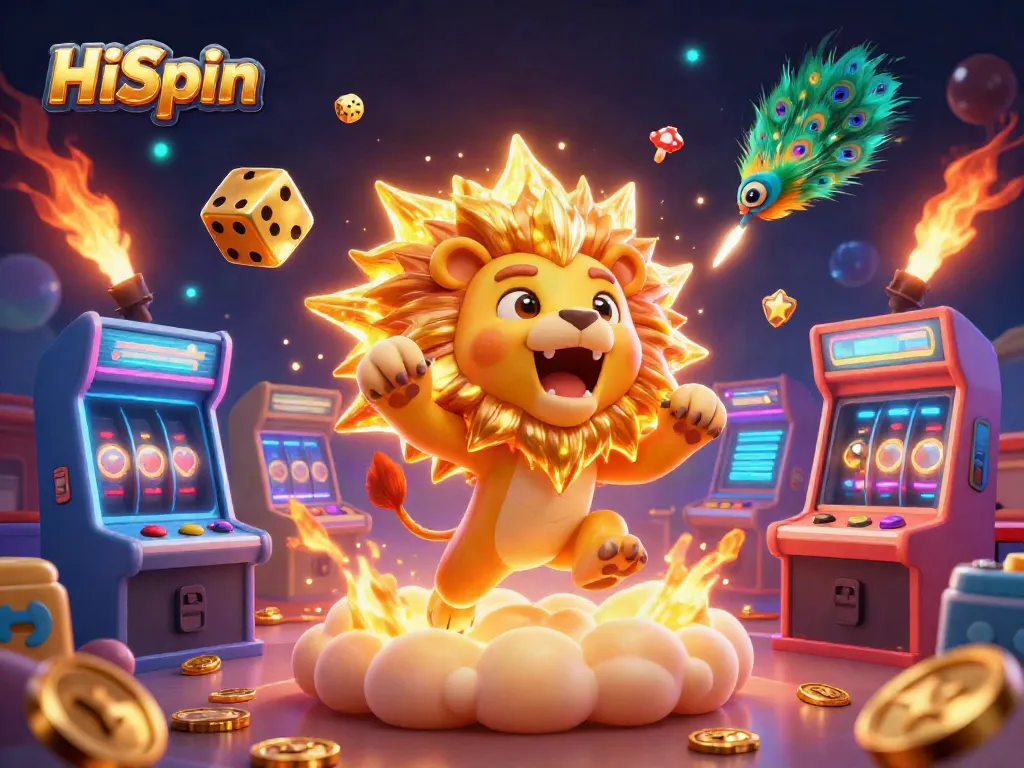 Experience the thrill of HiSpin as the sun lion roars amidst vibrant games and golden elements.