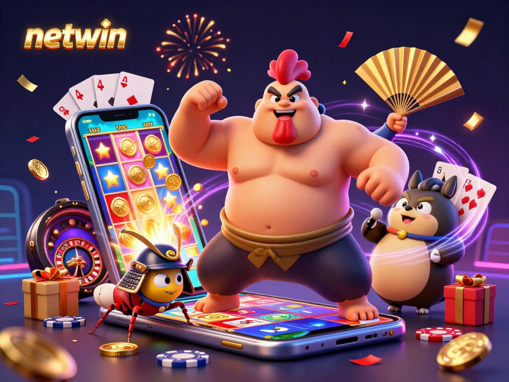 Experience thrilling moments with netwin's vibrant casino scene featuring energetic characters.
