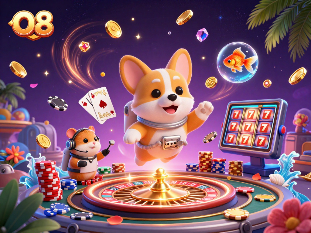 Experience thrilling gameplay with O8 in a vibrant, dynamic casino scene featuring unique characters.