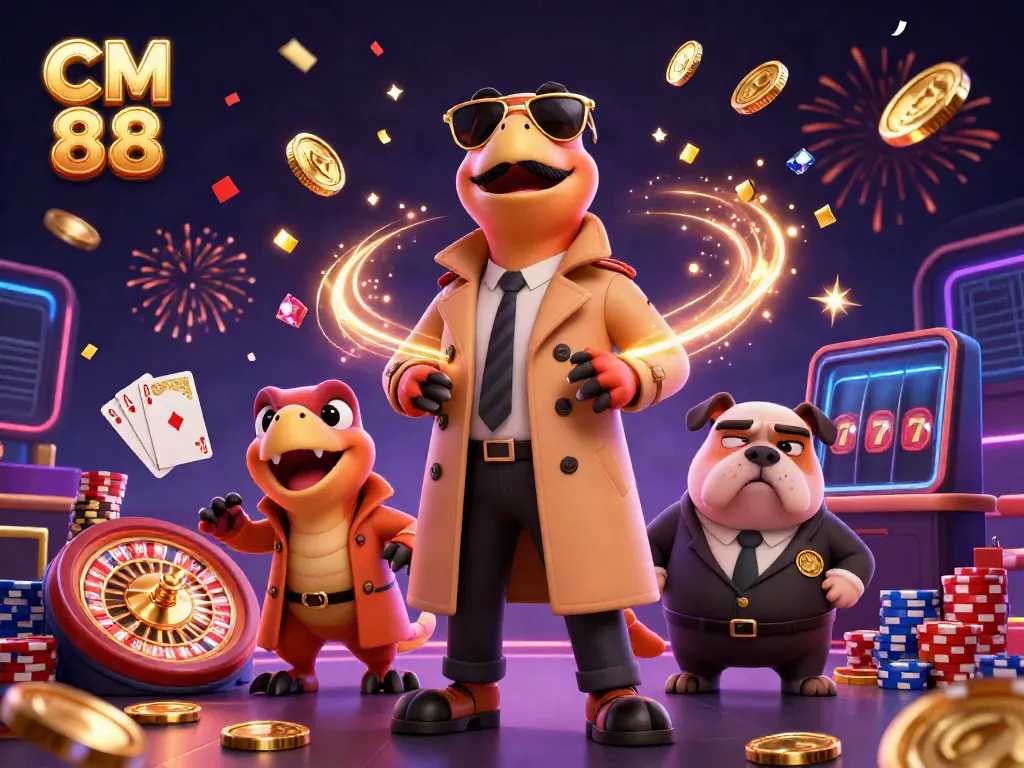 Exciting casino scene where CM 88 characters engage with golden coins, roulette, and poker chips in a vibrant setting.