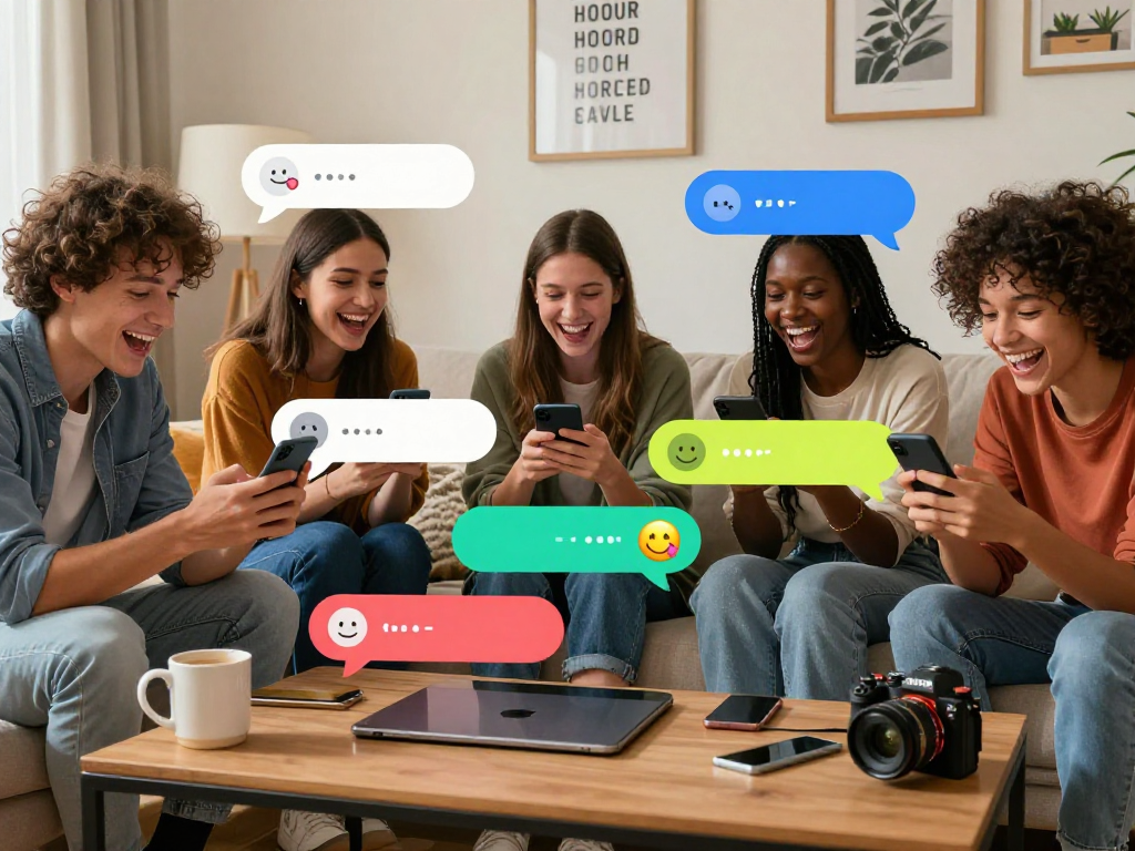 Engaging spicy chat conversations among friends in a cozy living room.