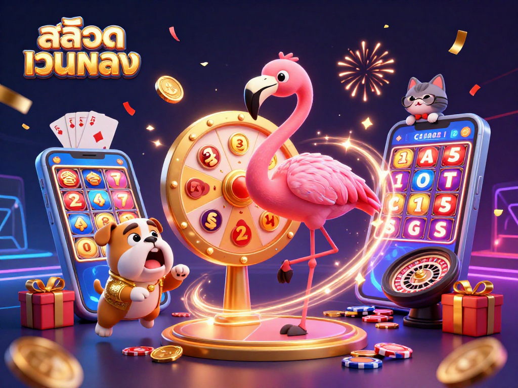 Get ready for fun with สล็อตเว็บตรง as a flamingo host spins a golden prize wheel and fireworks burst.