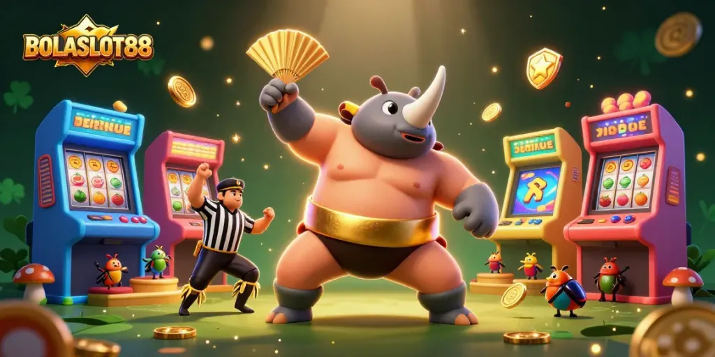BOLASLOT88 presents a vibrant 3D illustration of a sumo beetle champion surrounded by flying coins and immersive slot visuals.