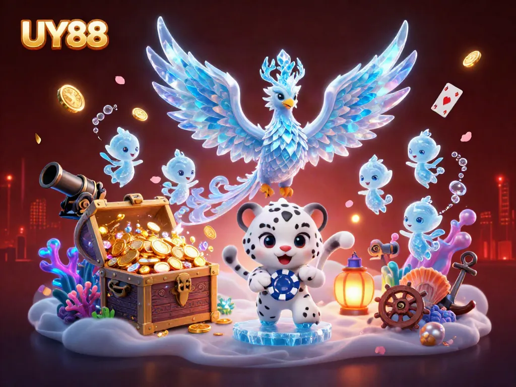 Experience UY88's thrilling dimensions through a playful snow leopard and an enchanted ice phoenix in a casino scene.