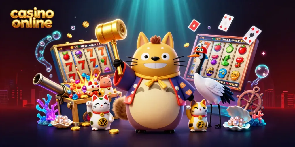 Permainan slot dalam dunia casino online yang menyenangkan dengan tokoh kartun warna-warni dan elemen perjudian menarik.