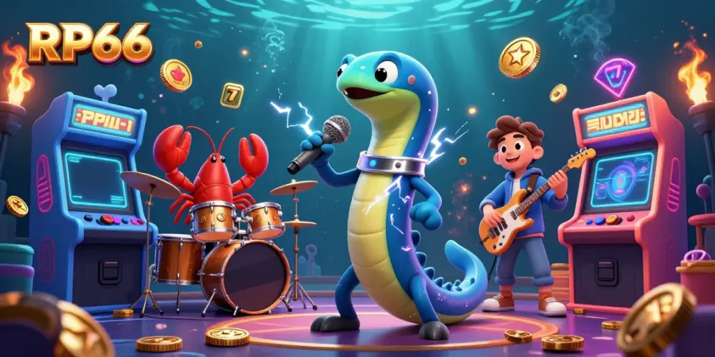 RP66 showcases an exciting underwater casino with a DJ electric eel, lobster drummer, and seahorse guitarist surrounded by vibrant game elements.