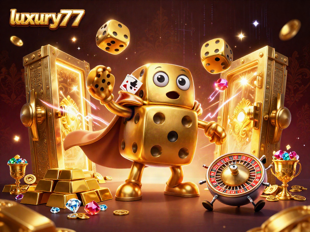 Menangi jackpot besar di luxury777 sambil bermain dengan dadu emas dan harta berkilau.