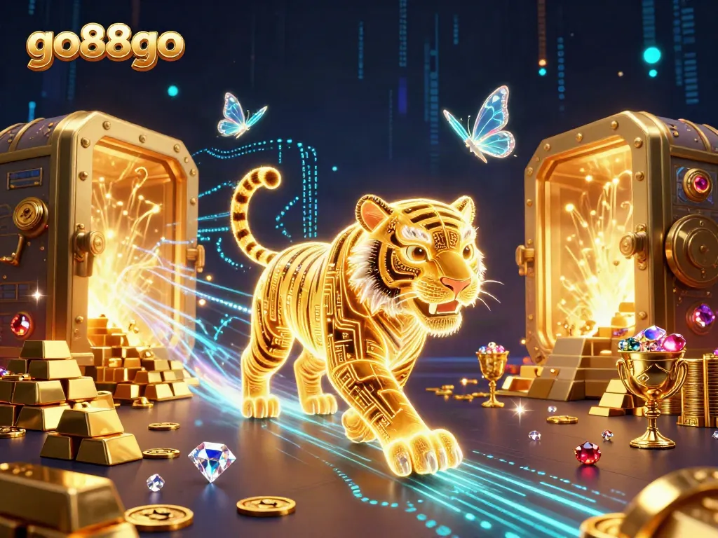 Experience thrilling gameplay at go88go with a neon-wireframe tiger amidst a vibrant casino.