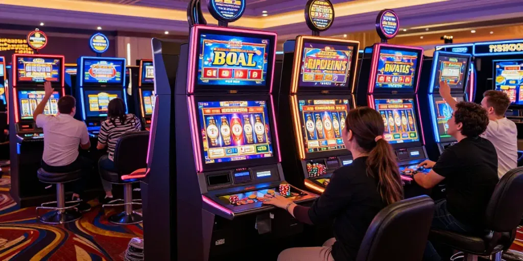 Slot gacor hari ini players celebrating wins at a lively casino.