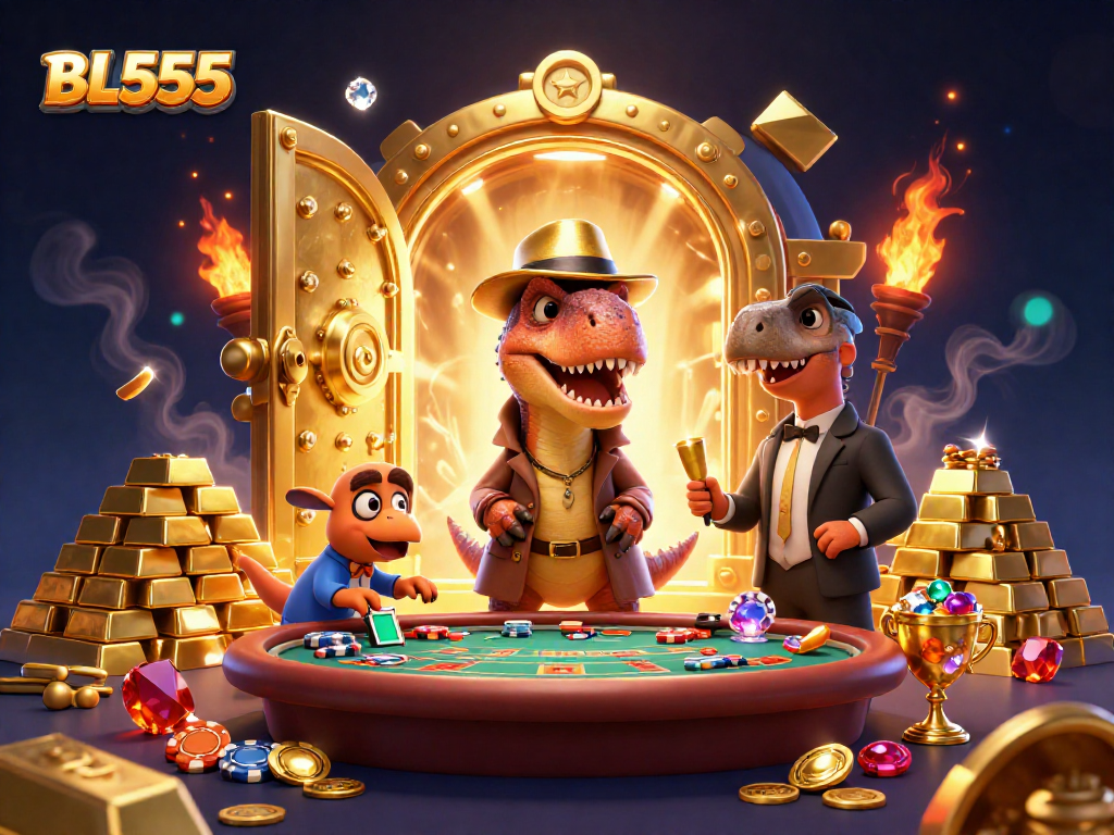 Experience thrilling gameplay at BL555 with a velociraptor card counter under the watchful eye of a stegosaurus pit boss.