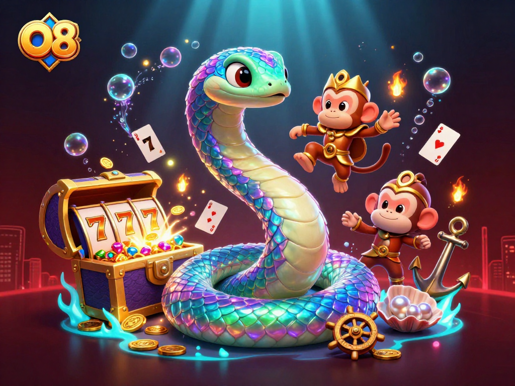 Experience thrilling gameplay with O8 as a colorful snake coils around a golden pillar.