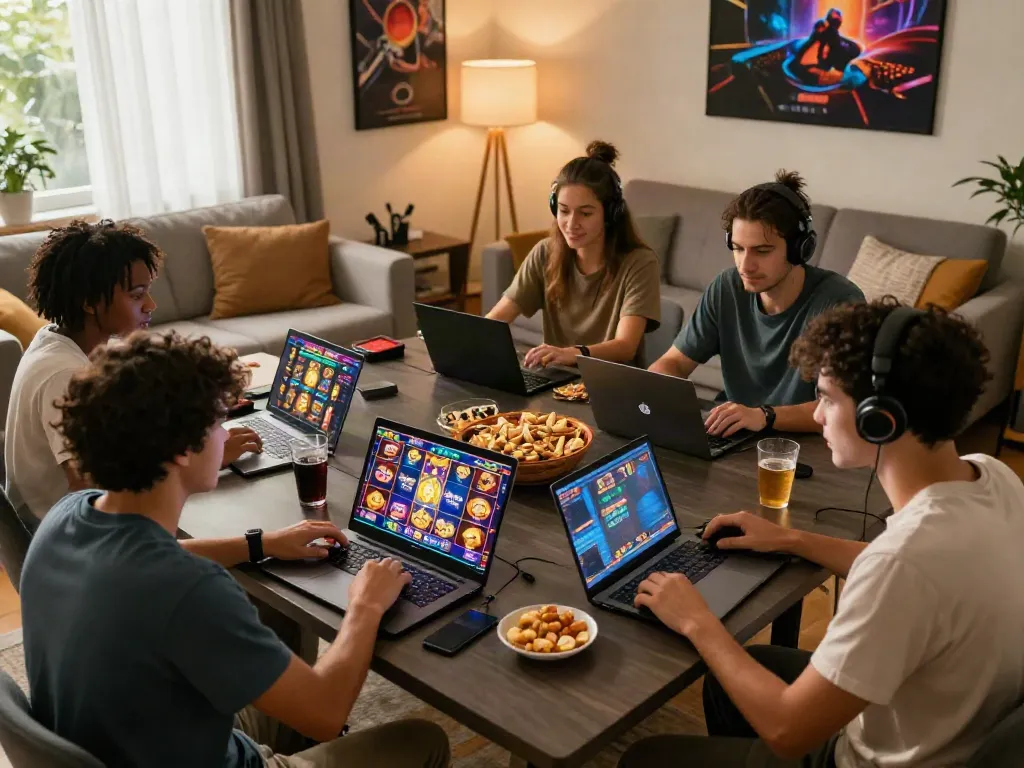 Enjoying slot resmi games together in a cozy living room with friends.