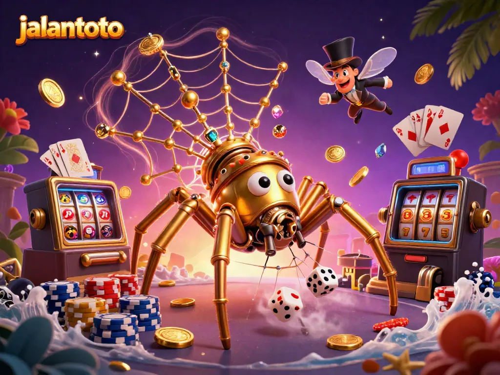 Jalantoto menampilkan ilustrasi kasino dengan laba-laba steampunk membangun web yang menangkap dadu.