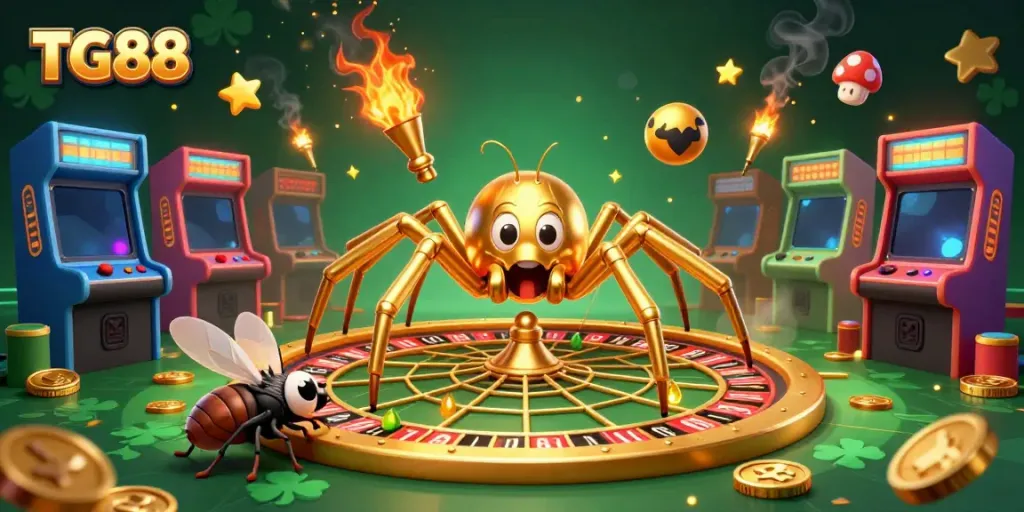 Engage with TG88's thrilling gaming world featuring a golden roulette wheel web and vibrant arcade elements.