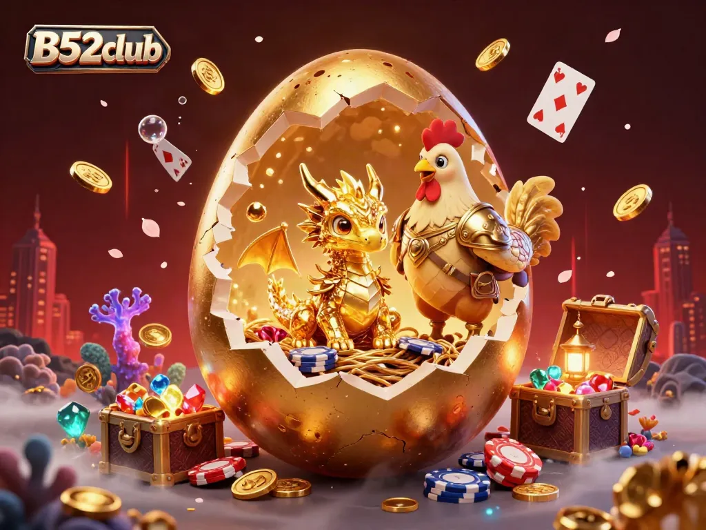 Engage in thrilling gameplay at B52club with this dynamic illustration of a golden baby dragon and poker chips.
