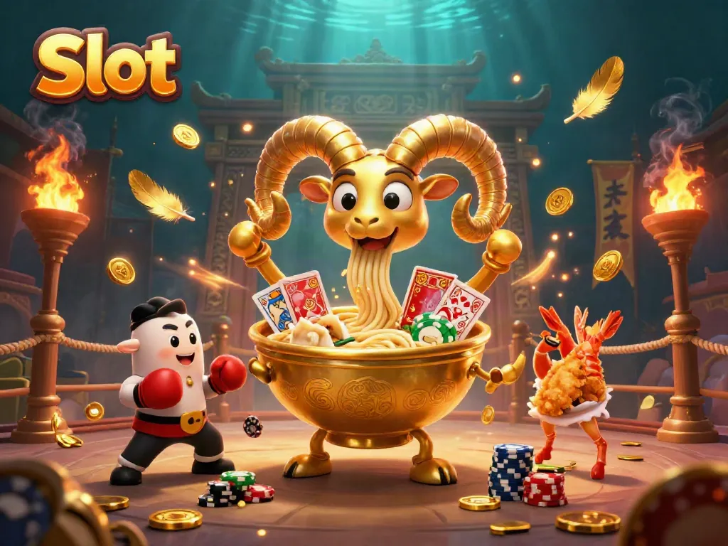 Engage in the action of Slot with vibrant characters, cards, and gold coins in a dynamic casino scene.