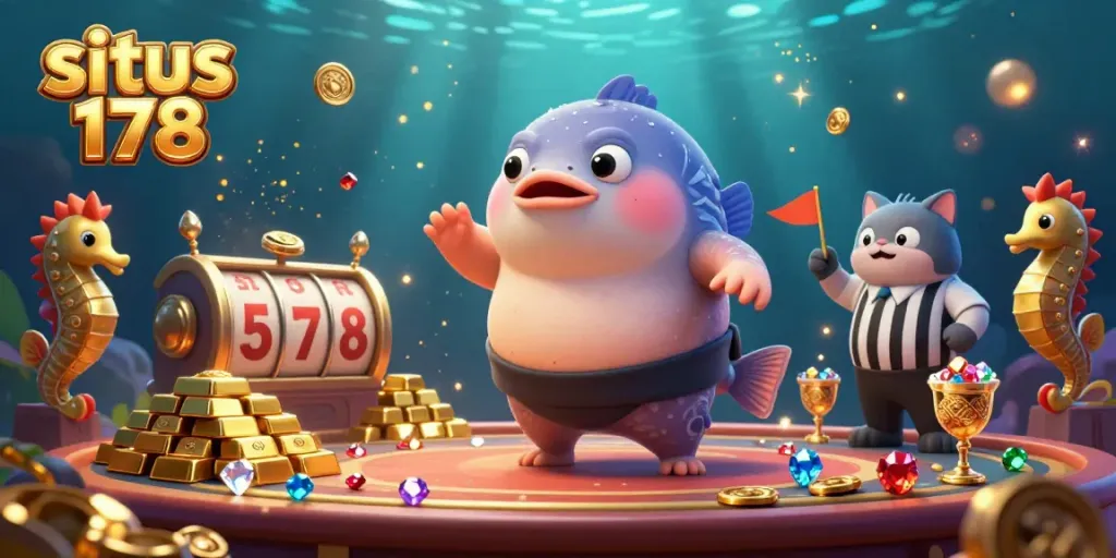Gambarlah suasana ceria dari situs 178, ditemani karakter ikan fugu besar dalam arena kasino bawah laut.
