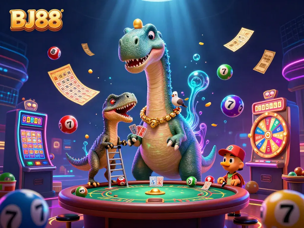 Engage with BJ88 in a vibrant 3D casino scene featuring a playful brontosaurus and dynamic game elements.