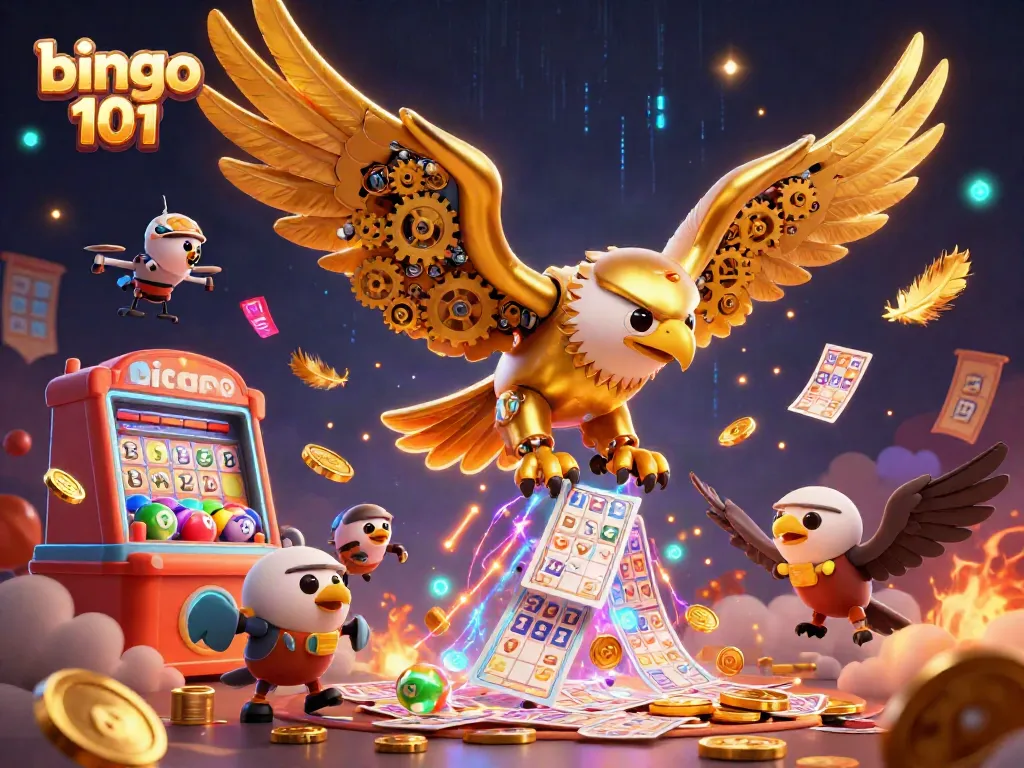 Experience the thrill of bingo 101 with a cybernetic eagle soaring through dynamic gaming action.