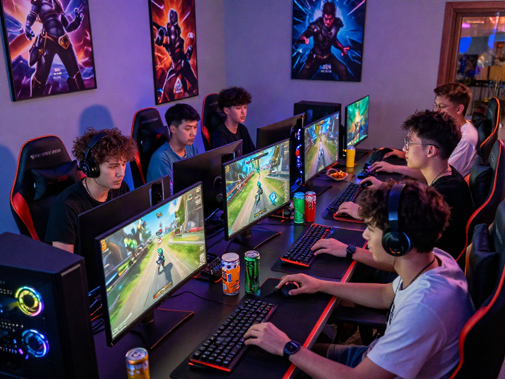 Friends enjoying a situs toto gaming session in a vibrant setup with snacks and monitors.