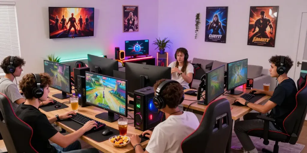 Penggemar menang66 bersenang-senang bermain game online di ruang tamu yang cerah.