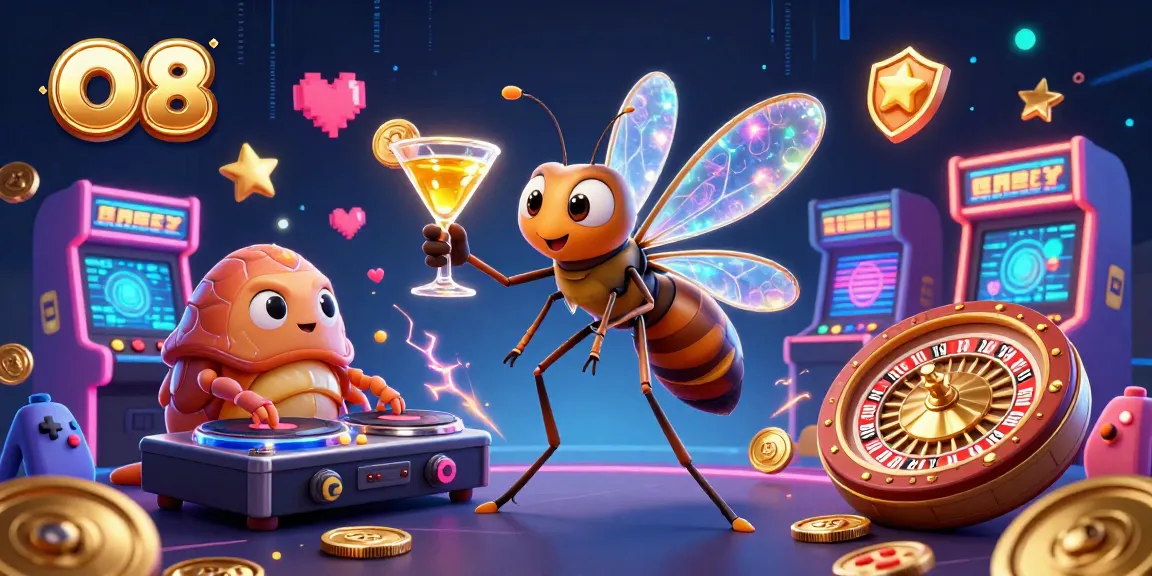 Engage in winning strategies with O8's vibrant casino scenes, featuring a lively 3D mosquito and trilobite DJ.