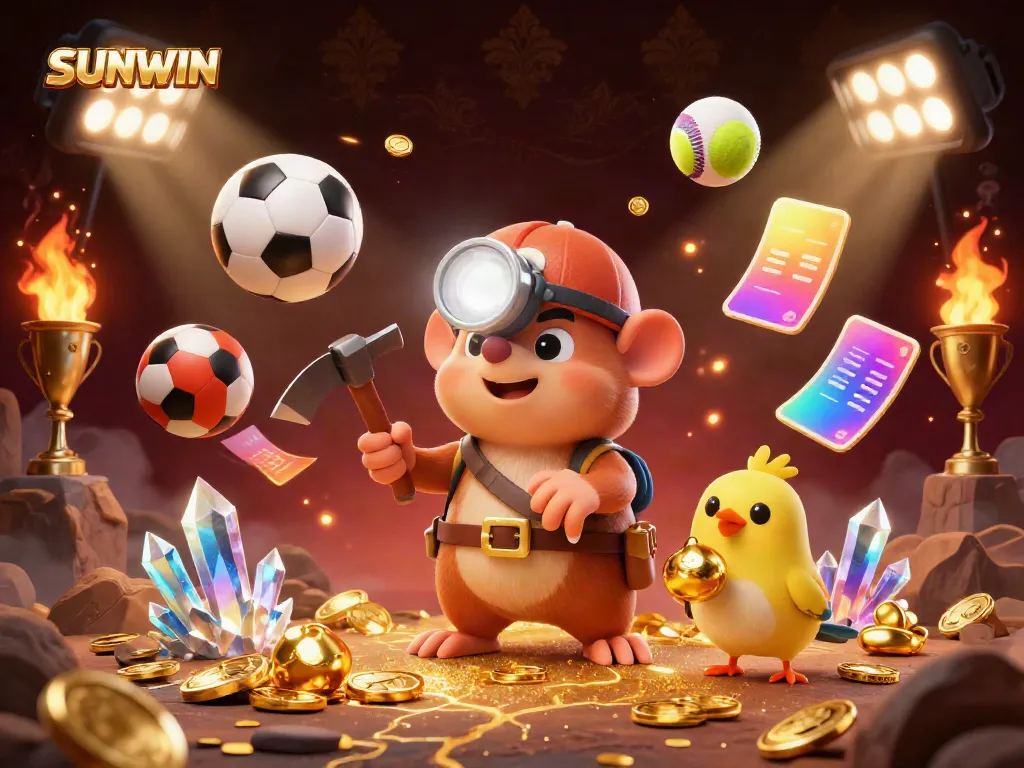 Experience thrilling gameplay with SUNWIN's dynamic 3D illustration featuring exciting games and lucky treasures.