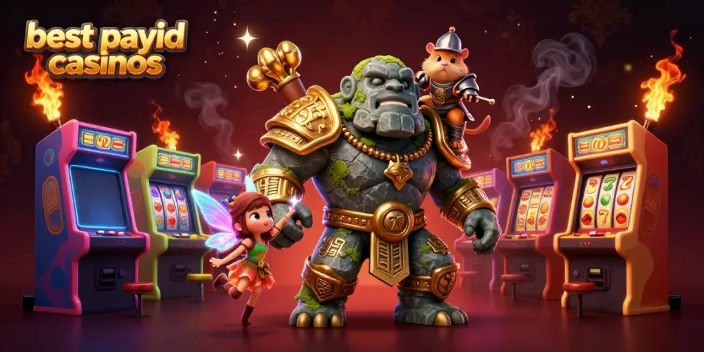 Experience the thrill of the best payid casinos with a lively scene of dynamic gaming characters.