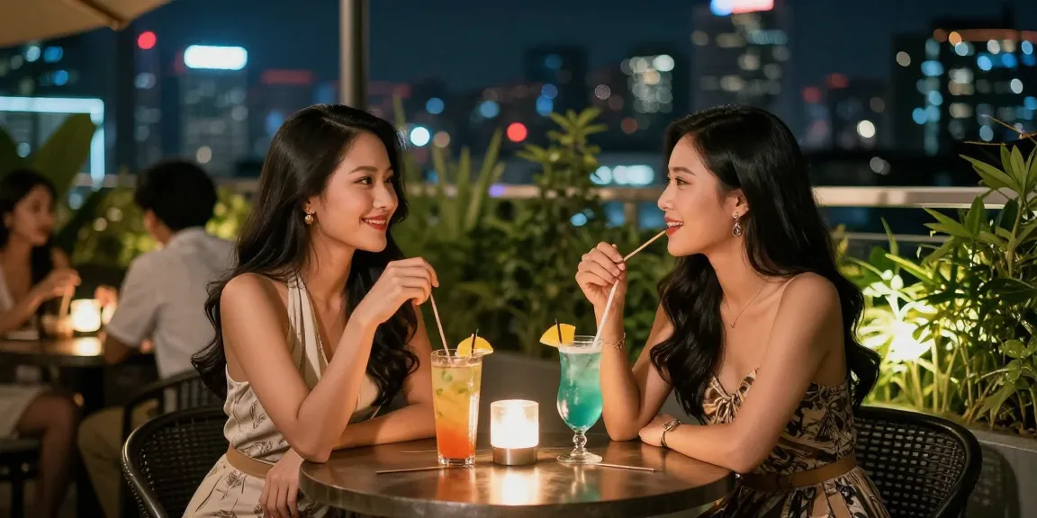Gái gọi tận hưởng không khí đêm tại quán bar trên tầng thượng với ánh đèn lấp lánh.